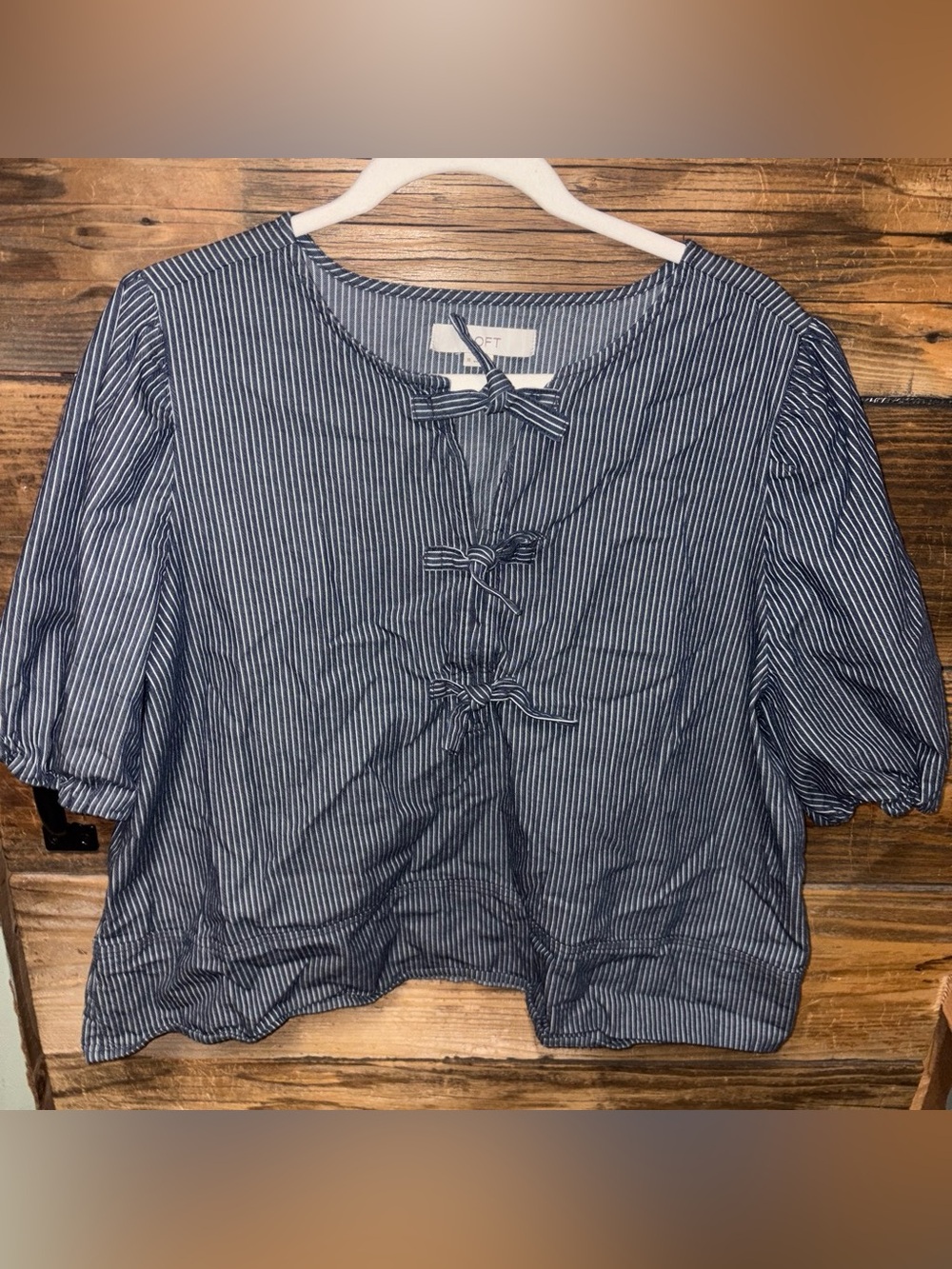LOFT Blue and White Striped Tie-Front Puff Sleeve Blouse